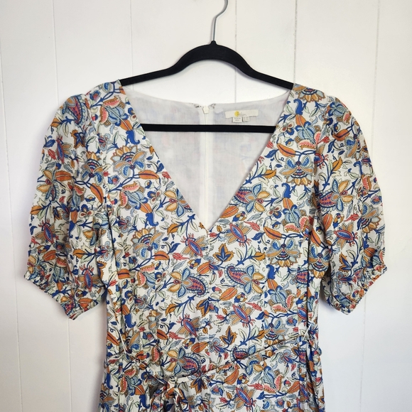 Boden Linen Blend Midi Dress Puff Sleeve A-Line Floral Boho Print V-Neck Size 14 - Picture 6 of 16
